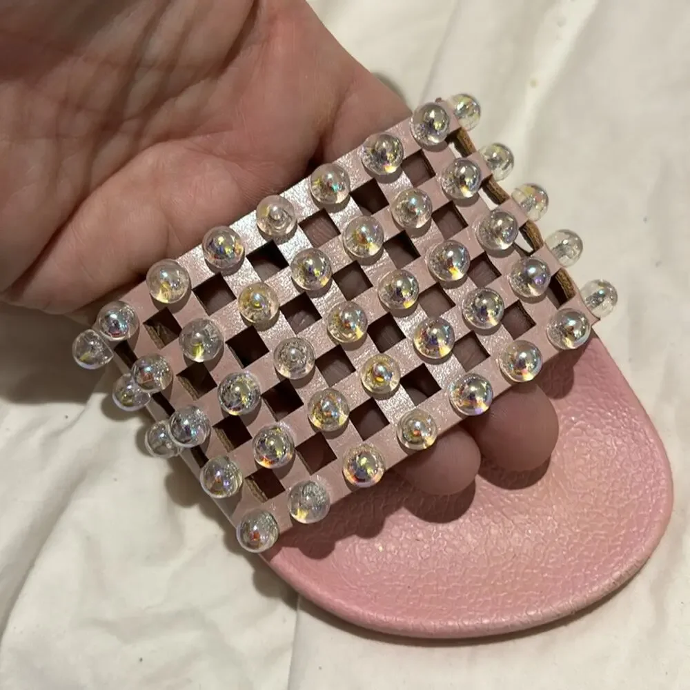 Lelli Kelly Pale pink slides bling bejeweled woven tops molded footbed euc